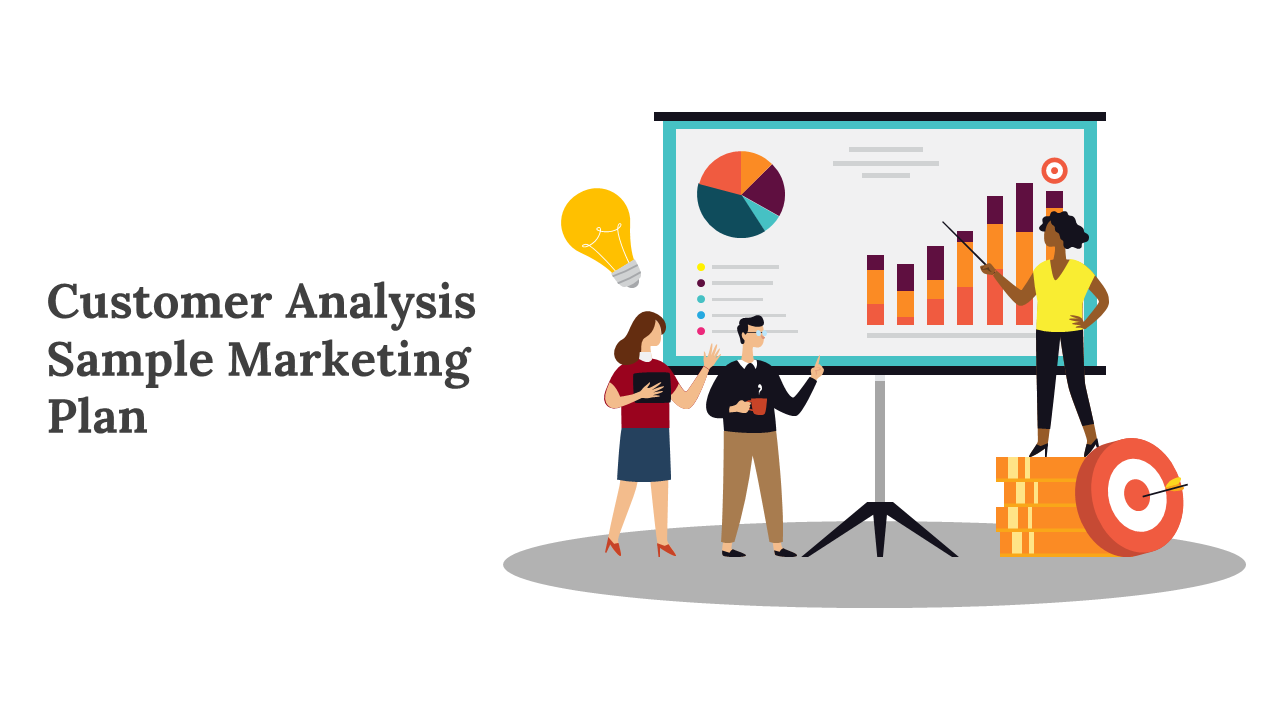 Illustration of three people discussing a marketing plan in front of a large screen with graphs and pie charts.