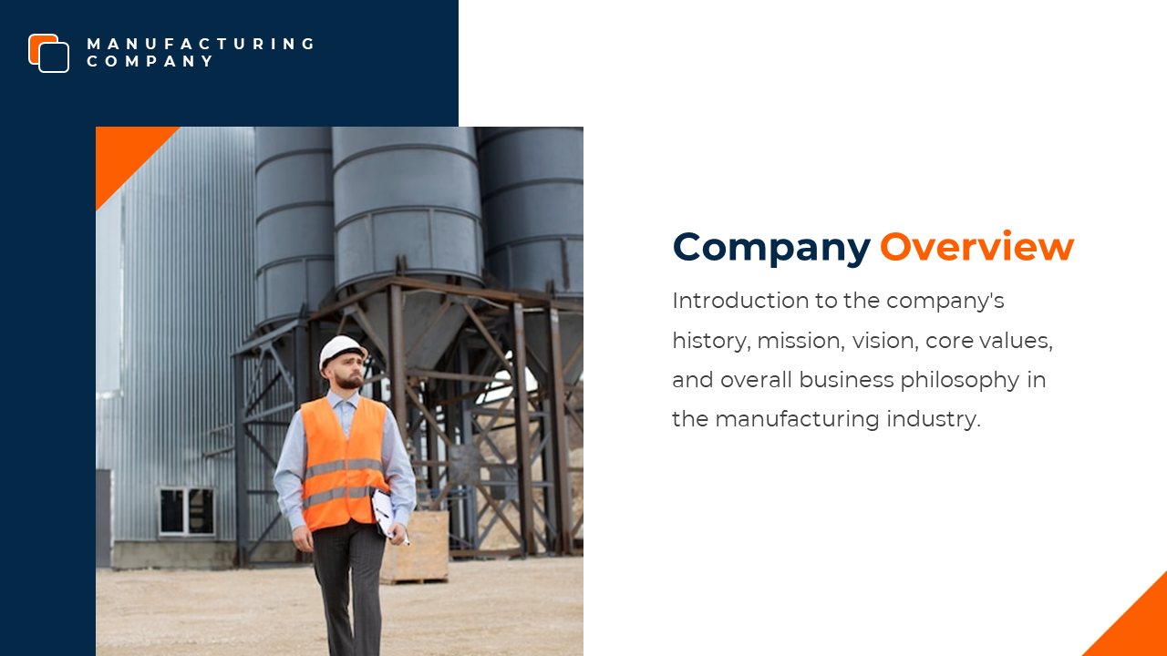 Slide with photo of a worker in an orange vest and silos, on a bold navy and white background, with corner accents.