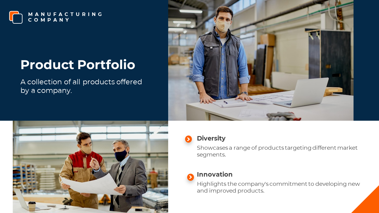 Four section layout with navy and white blocks, orange corner accent, and two photos of people in industrial settings.
