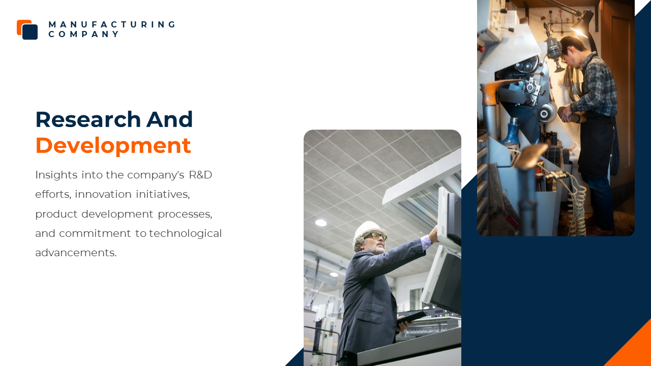 White and navy slide with orange accents, featuring two vertically stacked photos of lab and factory work.