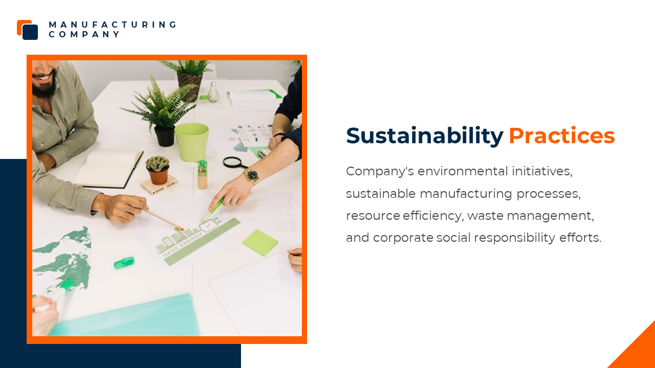 Orange framed photo of hands working on eco designs, with navy accents and text on a white background.