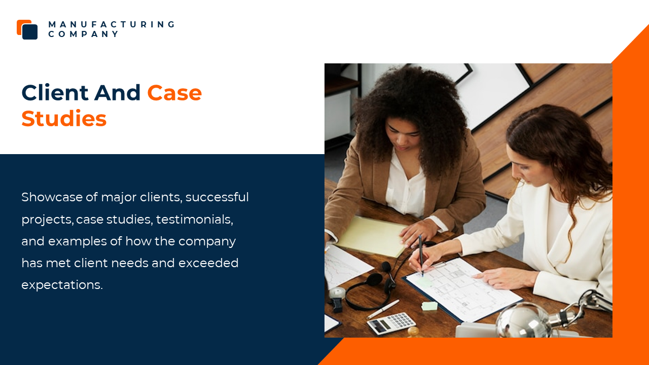 Split layout with white and navy blue text blocks on the left and a photo of two women working at a desk with orange accents.