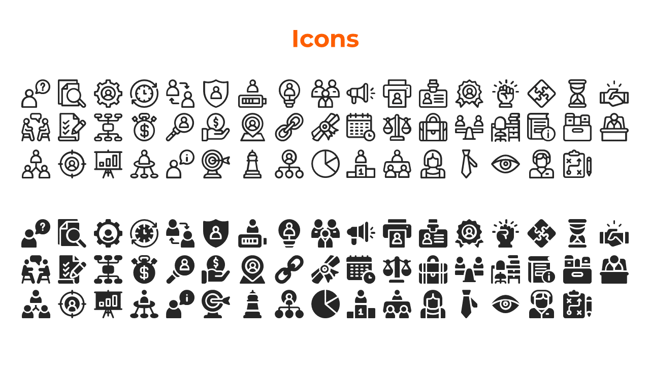 Grid of professional icons in both outlined and solid styles, displayed in black with an orange title on a white background.