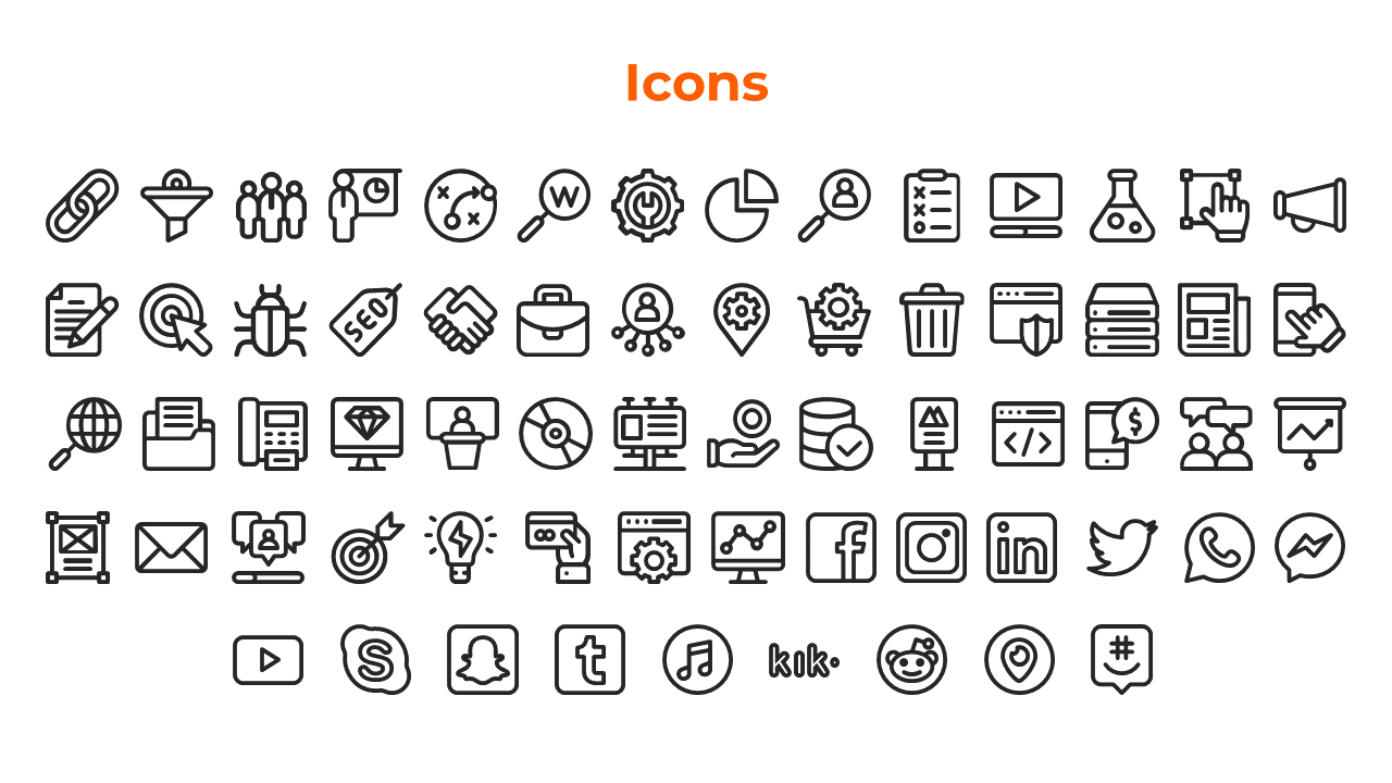 White background with rows of outlined black icons under an orange heading, including business, and social media symbols.