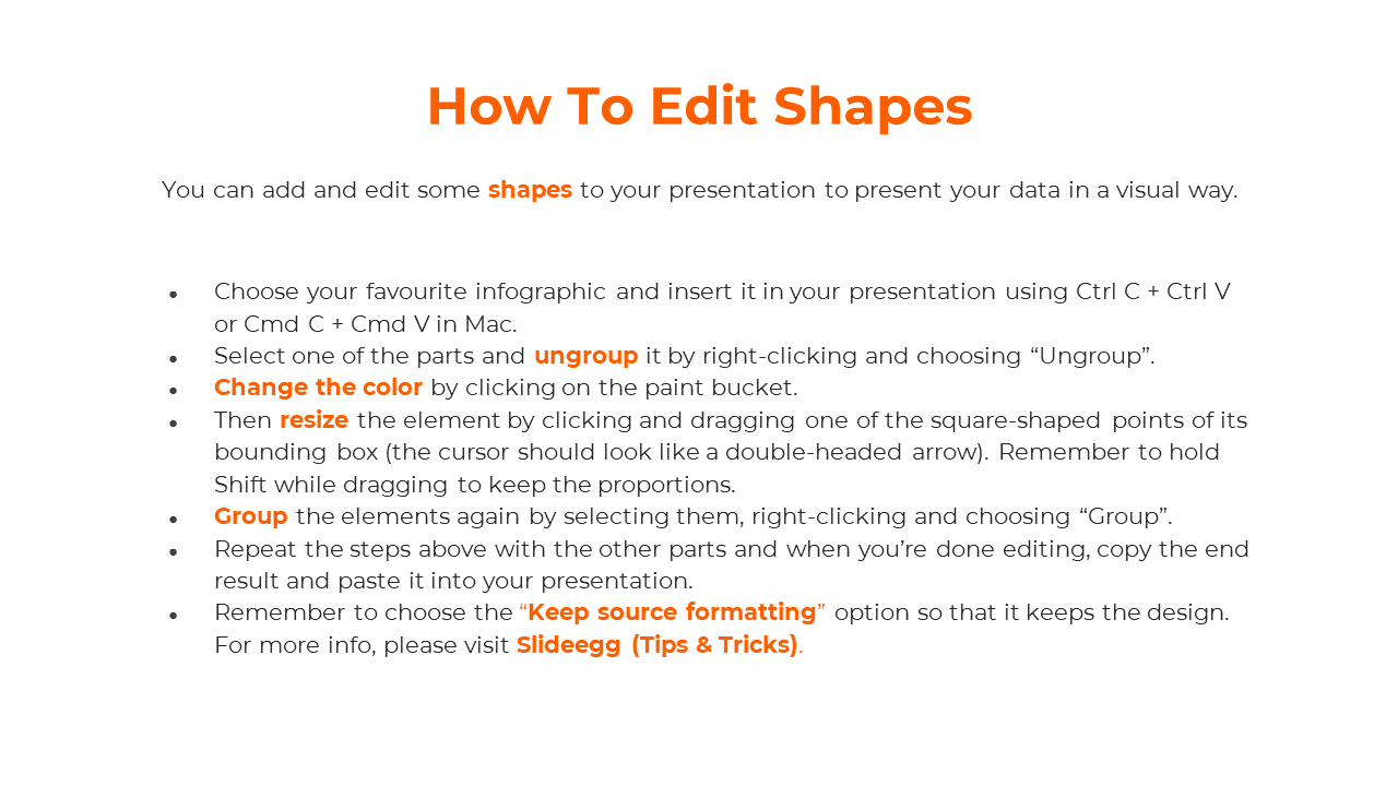 Clean white layout with a bold orange heading and steps listed in black text, highlighting important shapes editing steps.