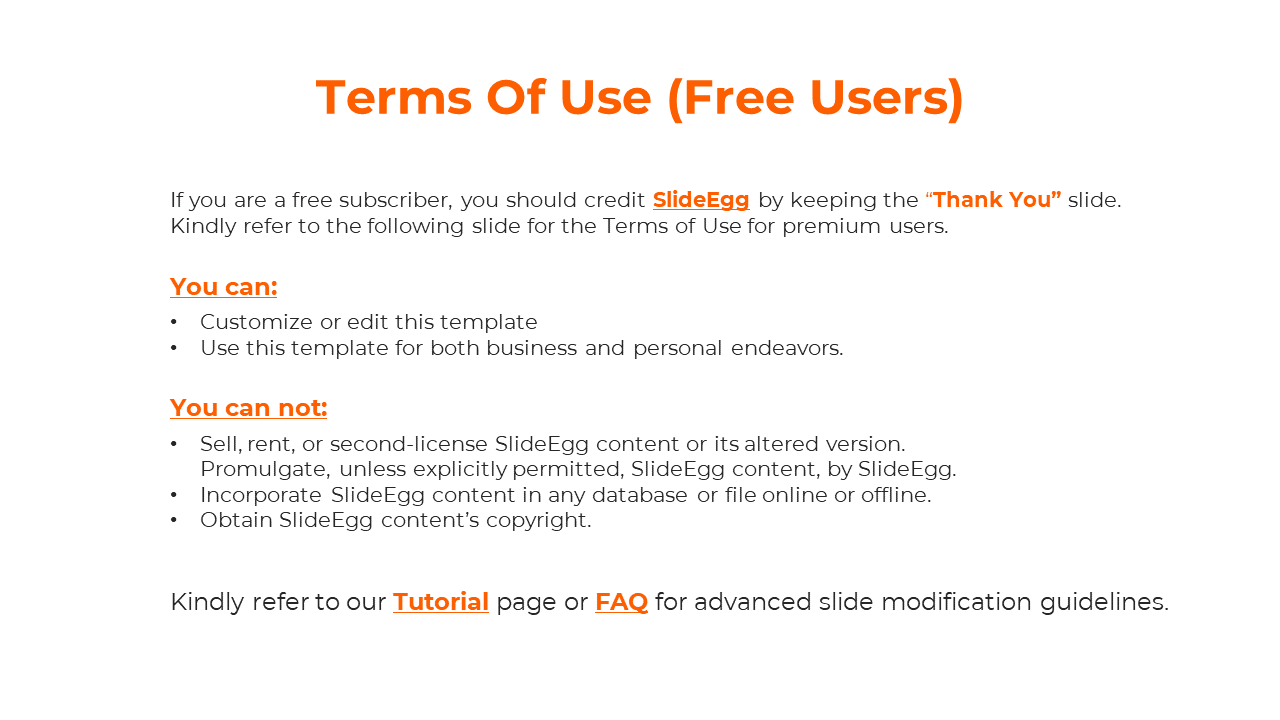 Slide with orange heading, black body text, and two bullet sections showing allowed and restricted uses for free users.