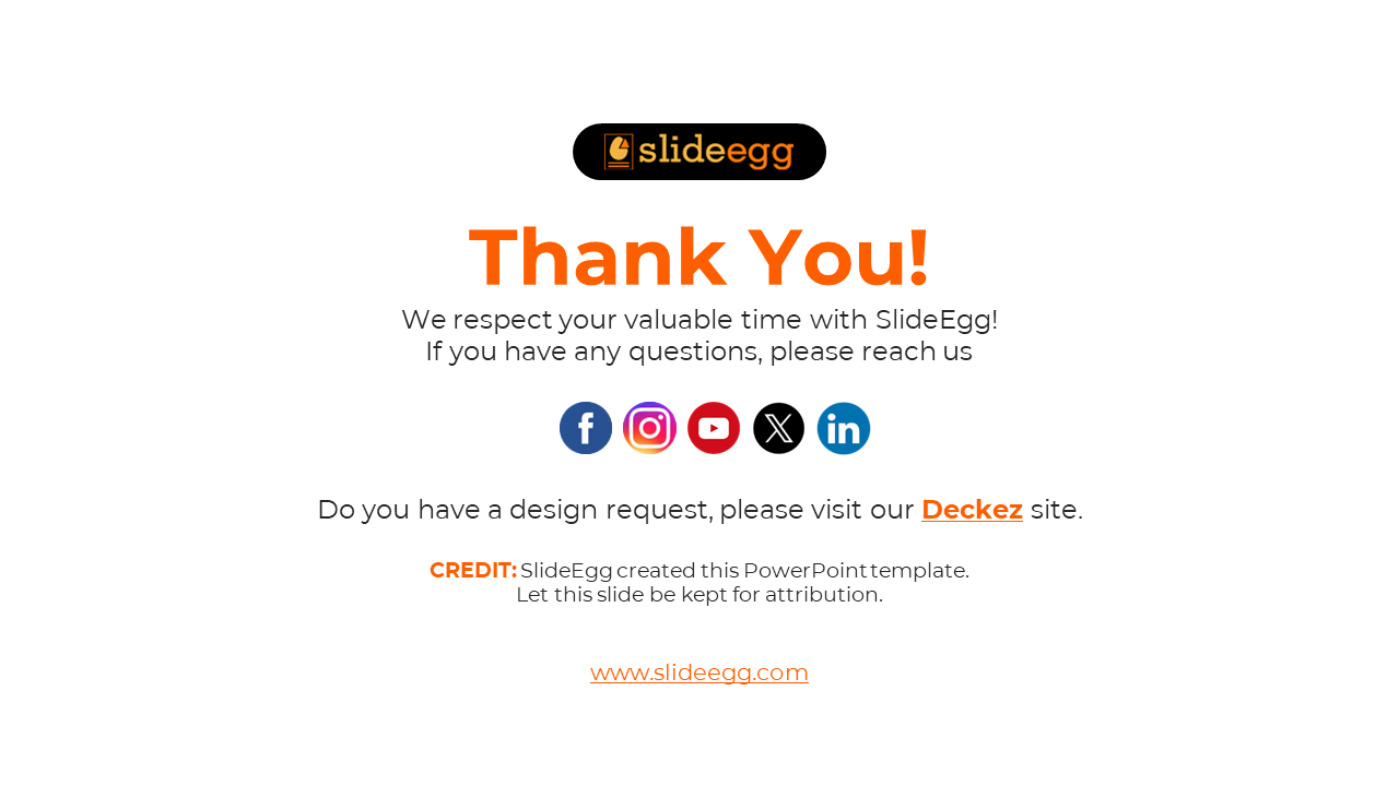 Centered thank you slide with orange and black theme, featuring round social icons and logo on white background.