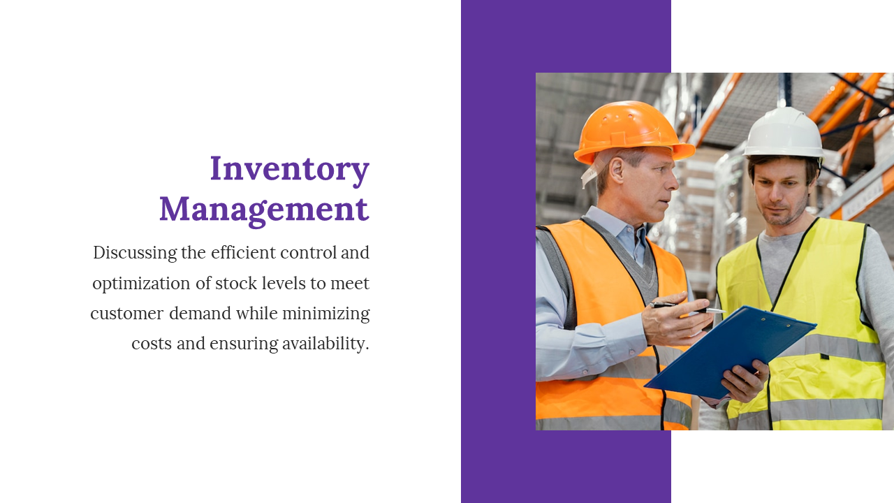 Slide with a white and purple layout, featuring two warehouse workers in safety gear discussing with a clipboard.