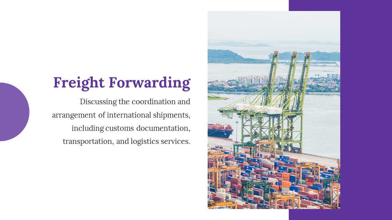 Slide with a purple and white layout, featuring a circular shape and an image of a shipping port with colorful containers.