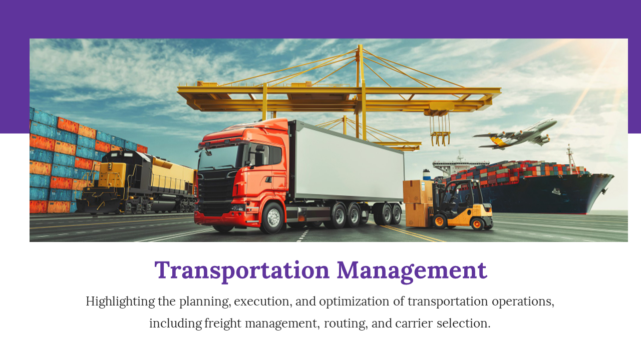 Transportation logistics slide featuring a port scene with a truck, train, cargo ship, airplane, and crane.