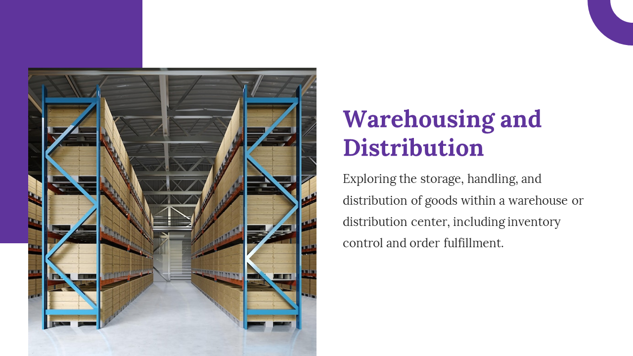 Logistics slide featuring tall warehouse shelves, blue metal racks, and organized storage with a text block on the right.