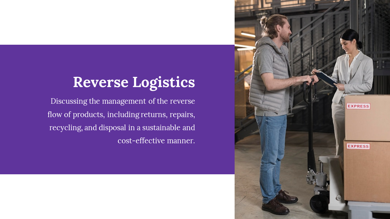 Logistics slide with a bold purple text box on the left and a photo of a worker and manager handling packages on the right.