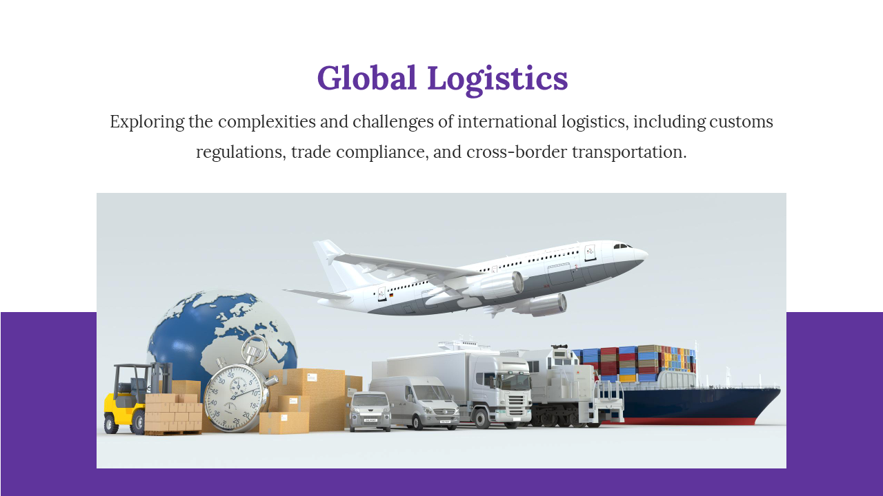 Global shipping logistics slide with an illustration of transport modes including an airplane, cargo ship, and trucks.
