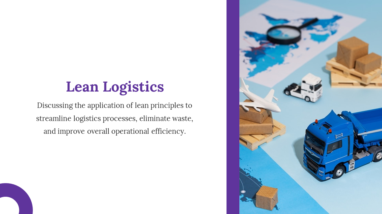 Logistics slide with a blue truck, airplane, and boxes on a blue background, with a white text area and purple divider.