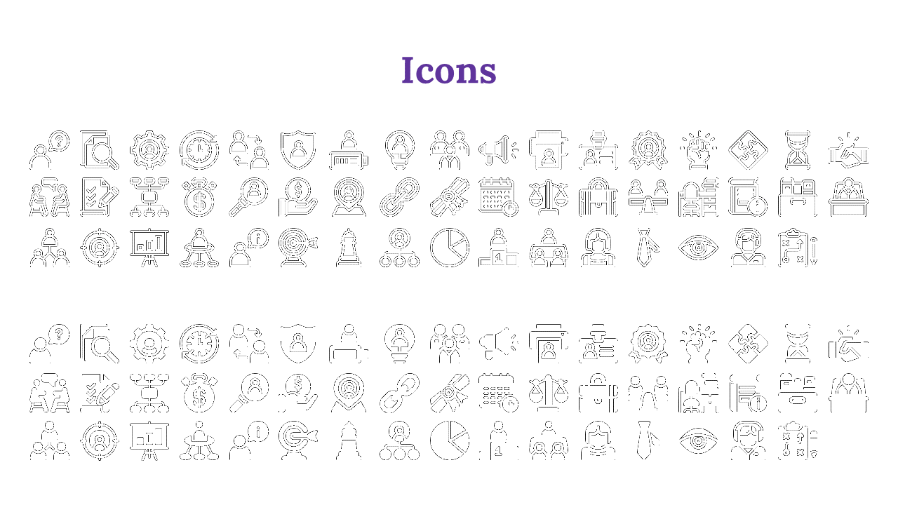White background with two sets of business themed icons, outlined on top and filled on the bottom under a purple title.