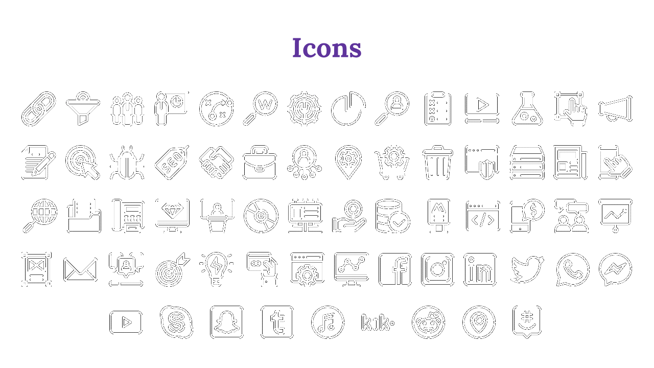 Multiple rows of minimalist black line icons displayed evenly under a bold purple title on a clean white background.