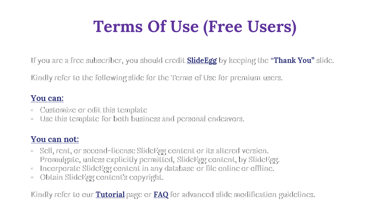 Slide with purple heading, black body text, and two bullet sections showing allowed and restricted uses for free users.