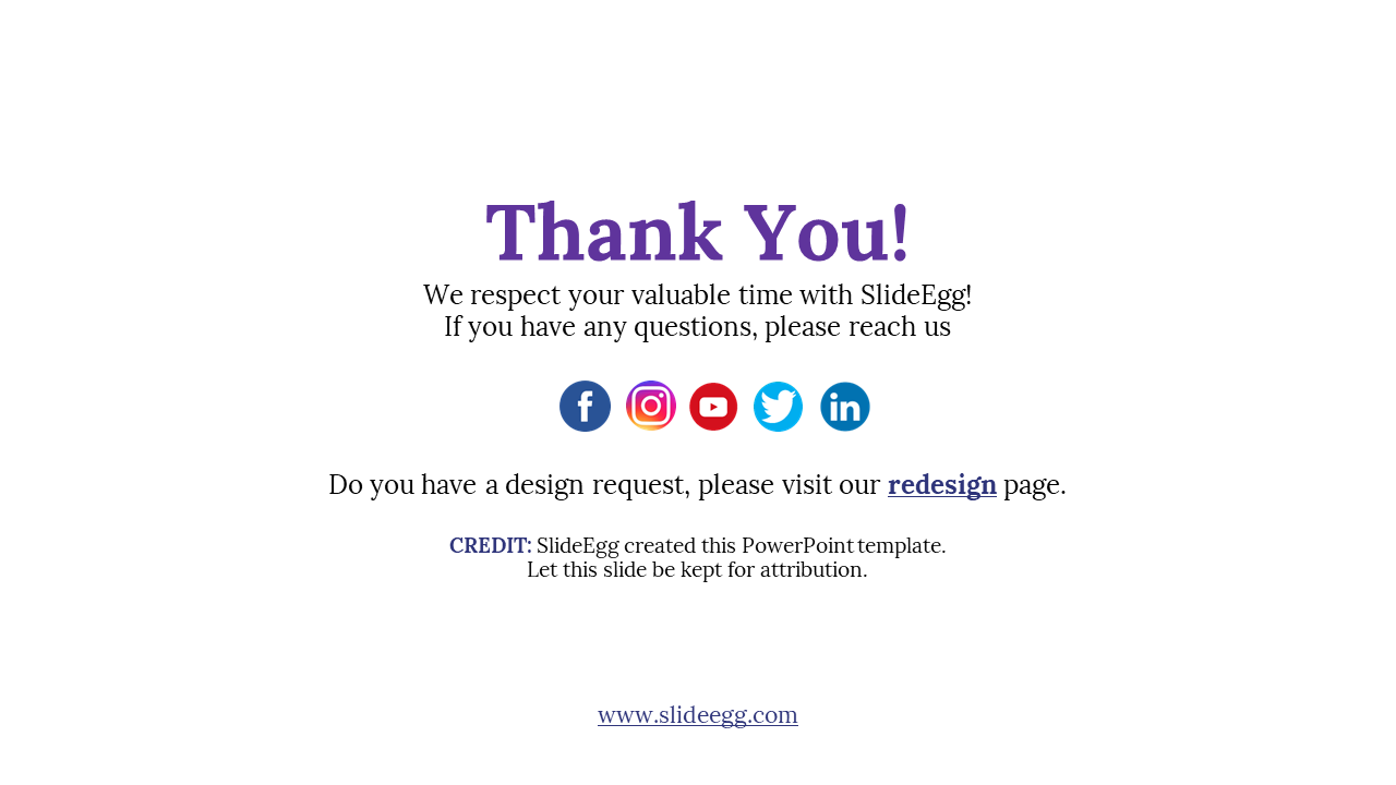 White background slide with bold purple heading, rounded black logo, and five colored circular social media icons.