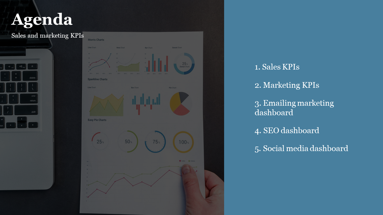 Split layout with dark photo of charts and laptop on left, and blue background with agenda list in white text on right.