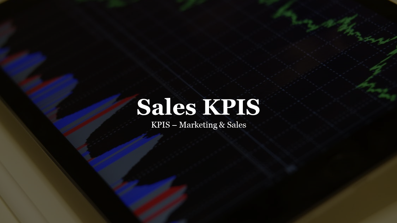 Dark blurred background with chart visuals in red, blue, and green lines, white centered text overlay for sales KPIs.