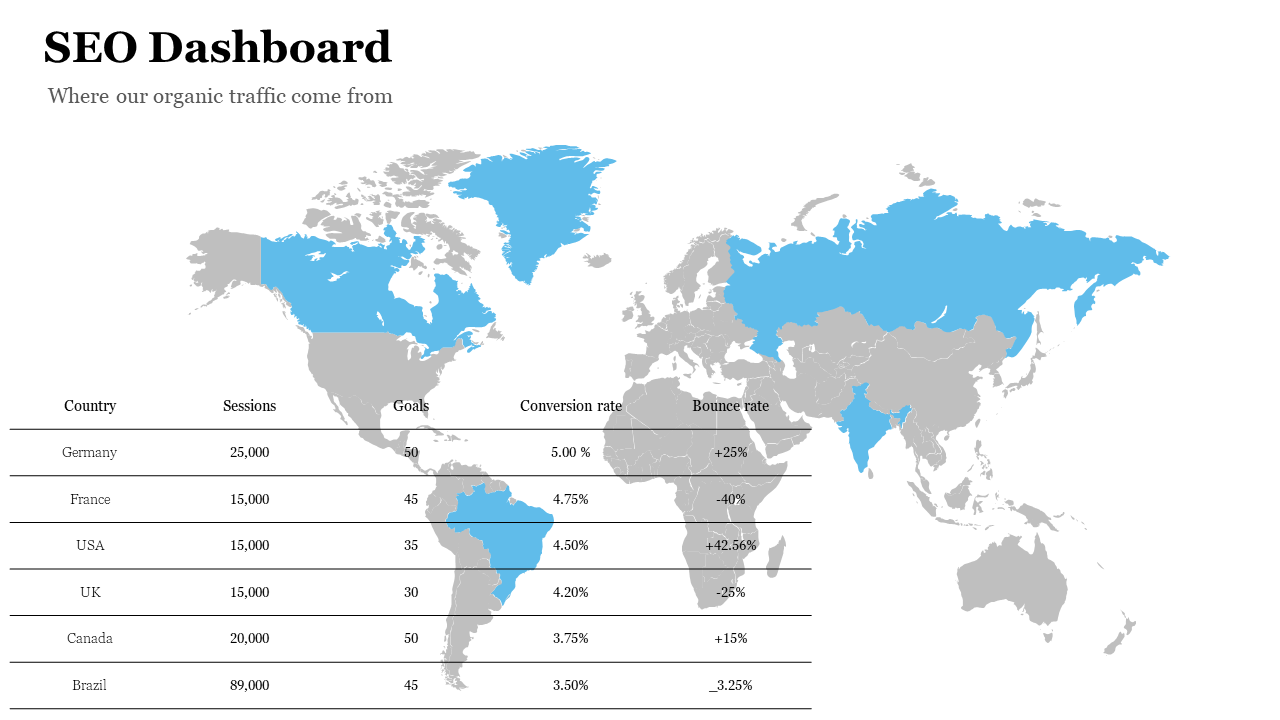 SEO dashboard with a gray world map highlighting select countries in blue, alongside a table showing traffic sessions.