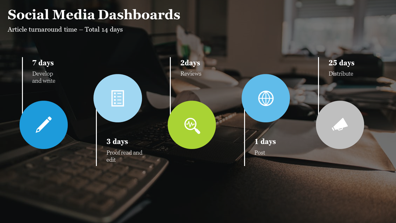 Dark themed layout with a blurred office background featuring five circular icons in blue, green, and gray tones.