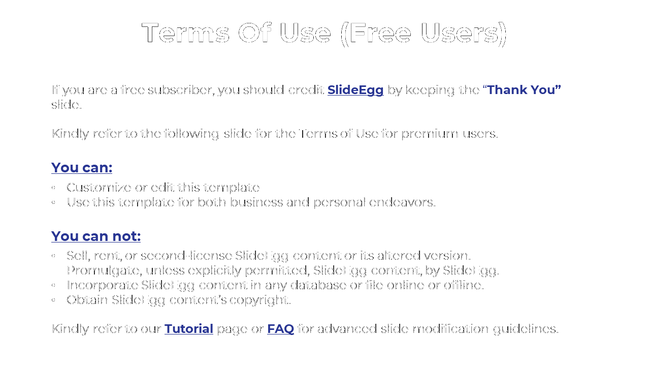 Instructional terms slide for free users with editing rights and credit guidelines in a bulleted layout using bold blue text.