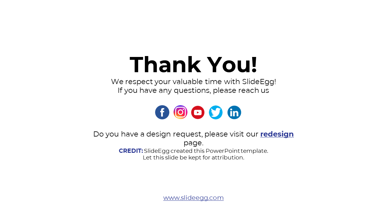 Centered thank you text with SlideEgg logo on top, five social media icons, and a blue credit link below.