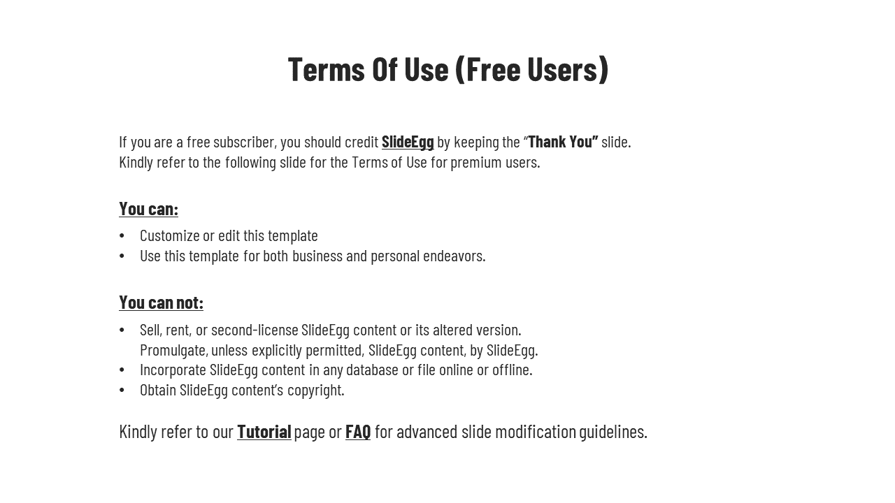 Usage policy slide for SlideEgg free users, including credit requirements and content restrictions, in bulleted text format.