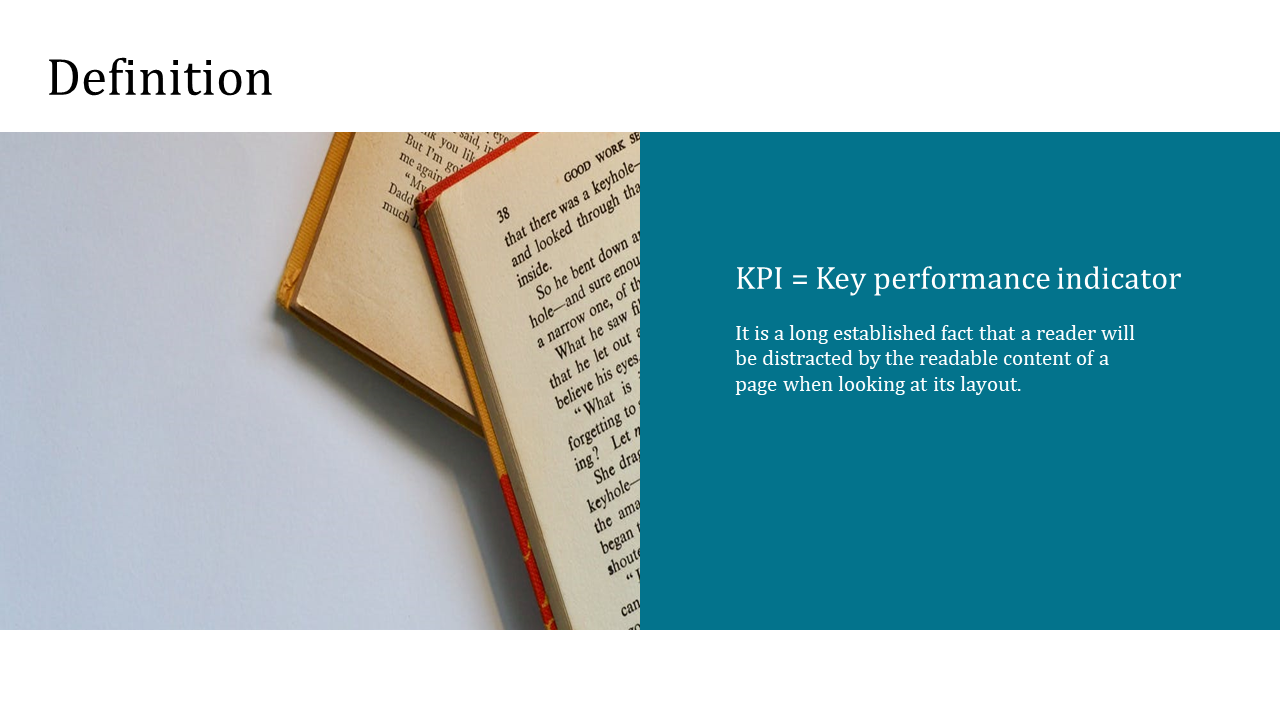 Split layout with two open books on the left and teal background on the right featuring white KPI definition text.