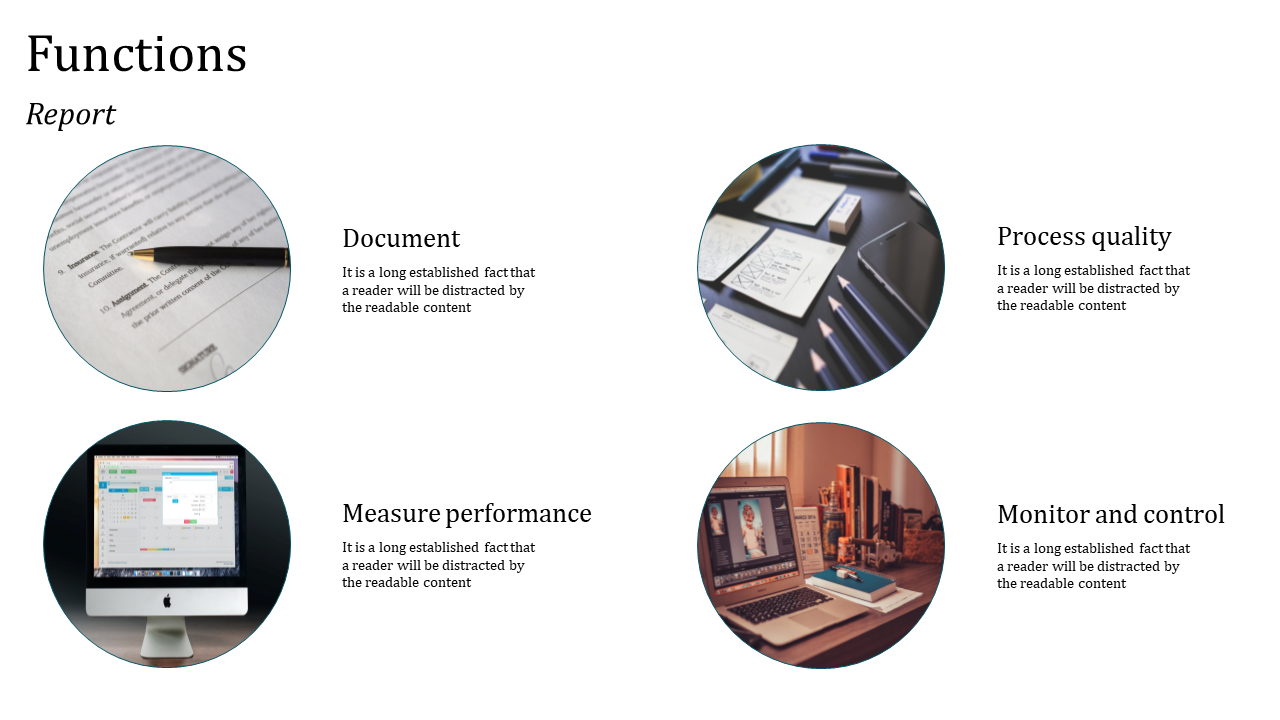 Four circular images of documents, pencils, desktop, and laptop, with captions in a grid showing report functions.