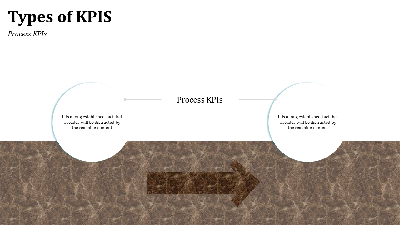 Two white circular text bubbles linked by lines, above a brown arrow on a textured marbled background.
