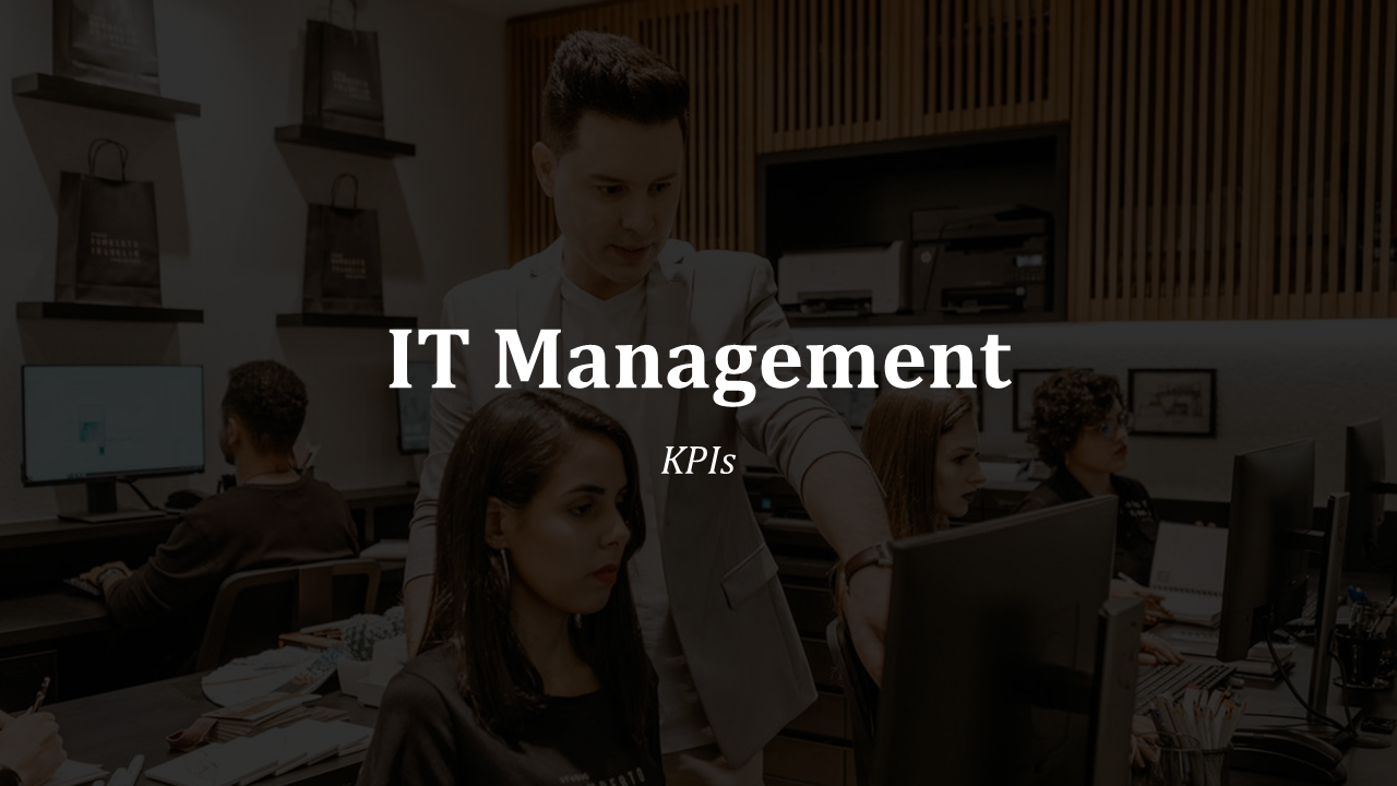 Dimmed office background with people working at computers and bold white title centered over a dark transparent overlay.