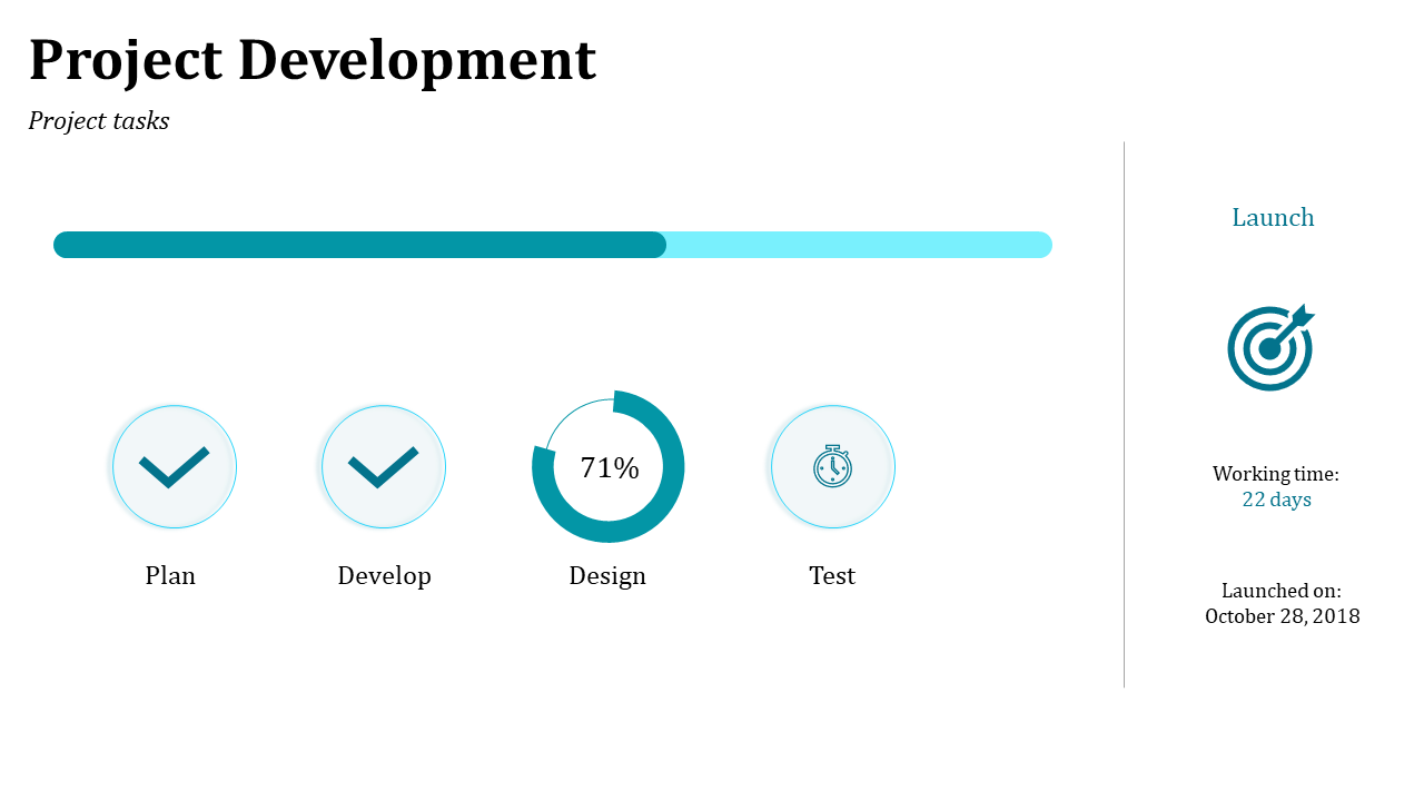 Horizontal progress bar in teal and cyan with four circular task icons below and a side panel shows target icon and dates.
