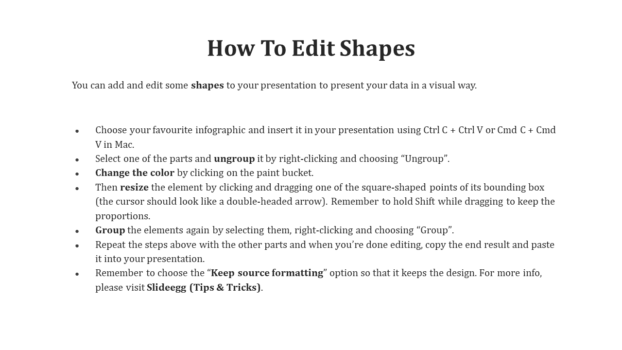 Slide with bullet instructions on editing shapes in PowerPoint, including ungrouping, resizing, and recoloring tips.