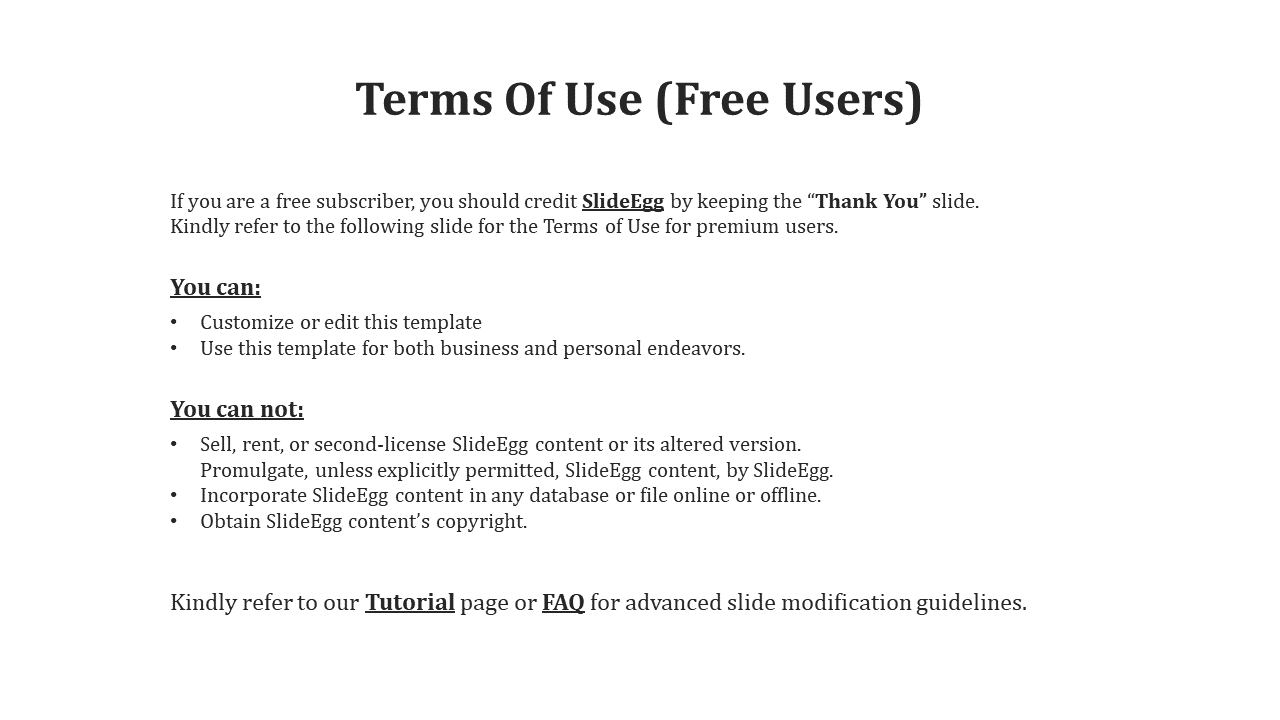Terms slide for free users showing what can and can not be done with SlideEgg templates, with bold titles.