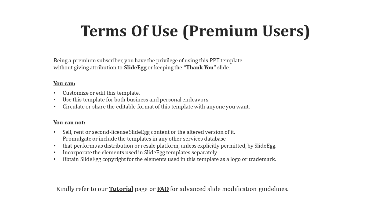 Instructional slide listing usage rights and prohibited actions for premium PPT templates, on a white backdrop.