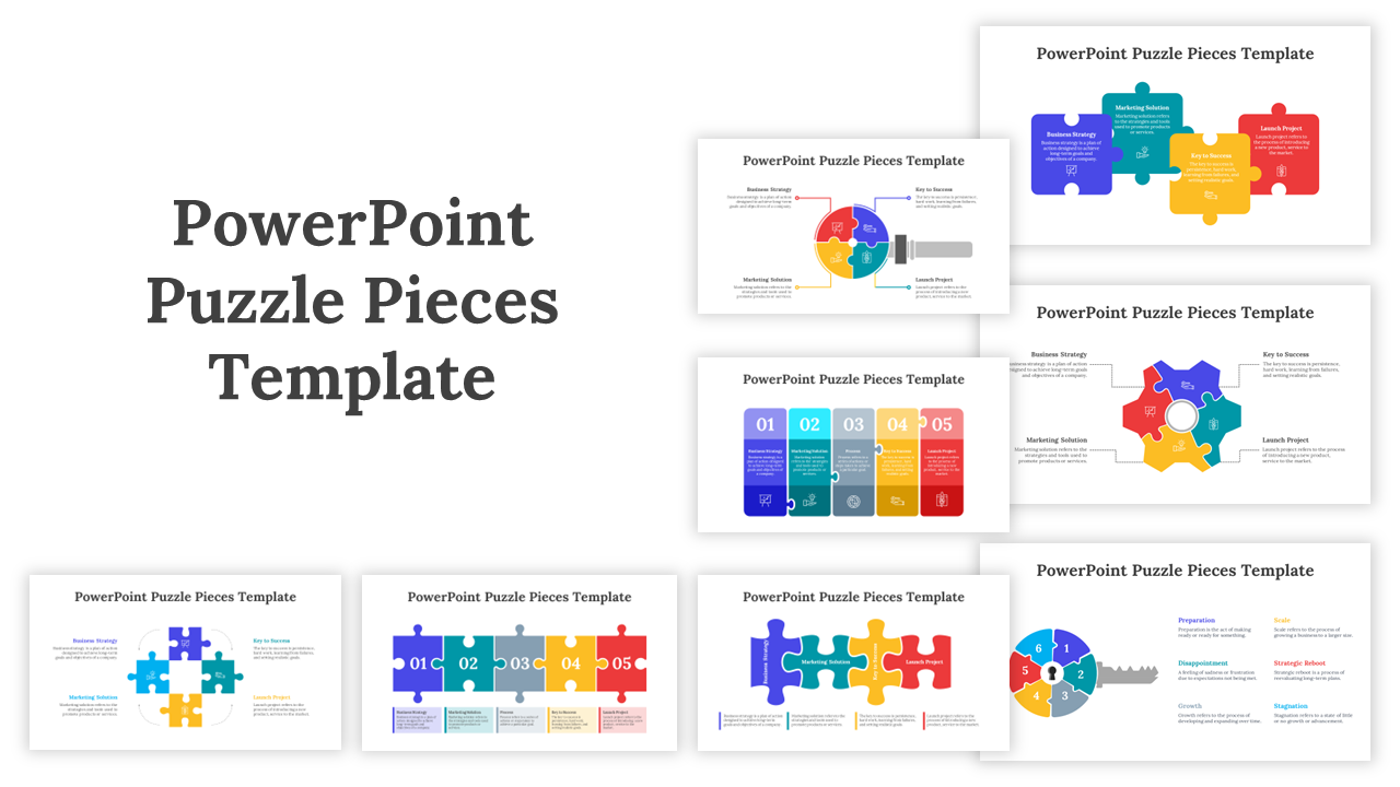 Overview of eight vibrant puzzle layout slides for business strategy, featuring curved, circular, and interlocked shapes.