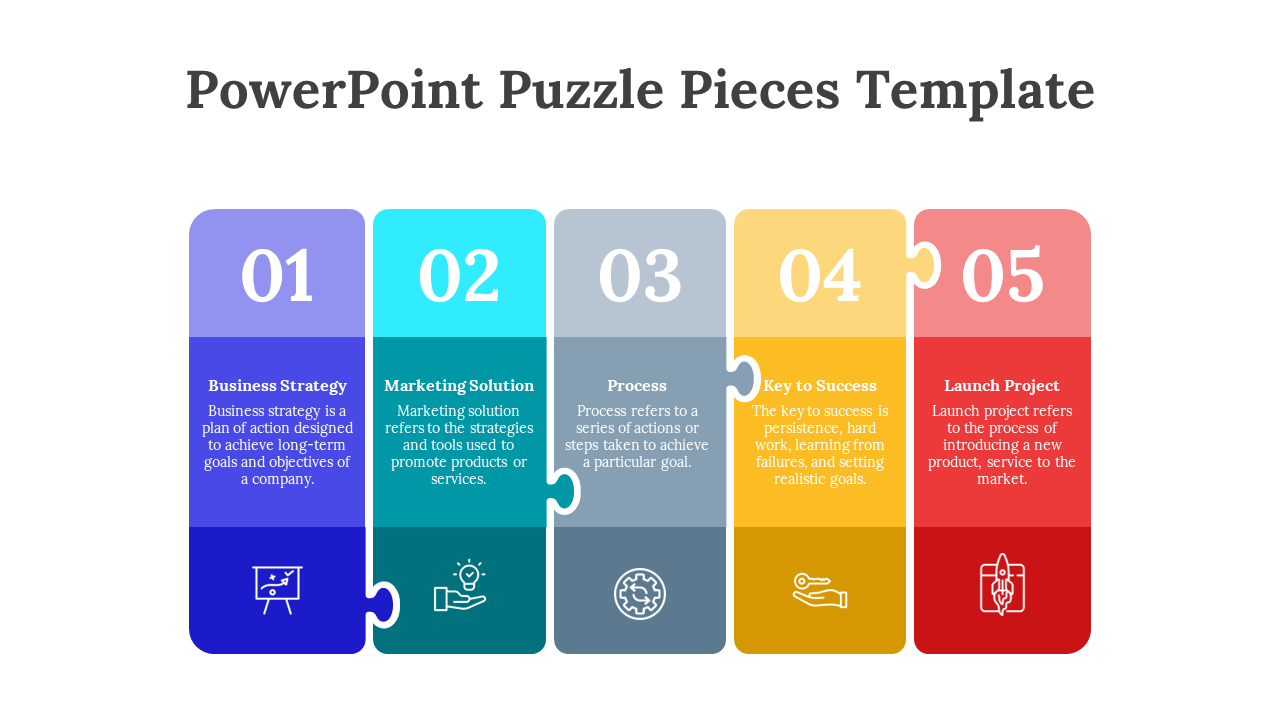 Five vertical puzzle pieces in purple, teal, gray, yellow, and red, numbered 01 to 05 with icons and descriptive text blocks.