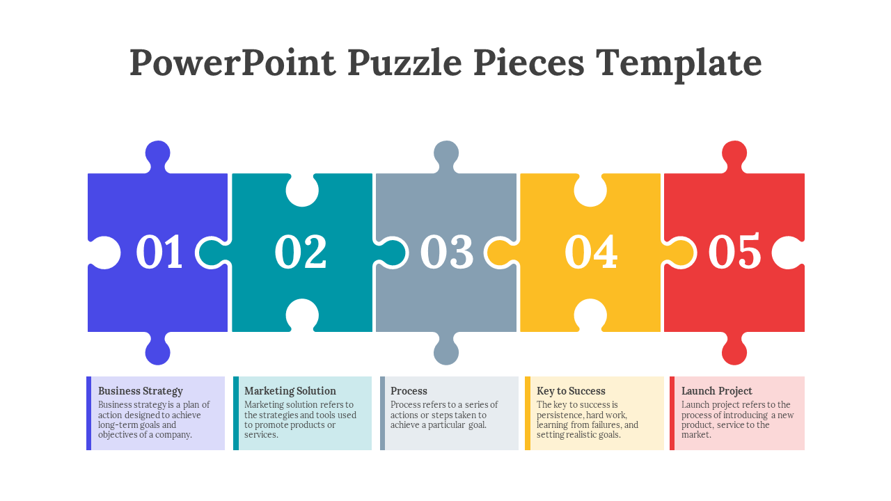 Five connected horizontal puzzle pieces in blue, teal, gray, yellow, and red, each numbered and labeled with captions below.