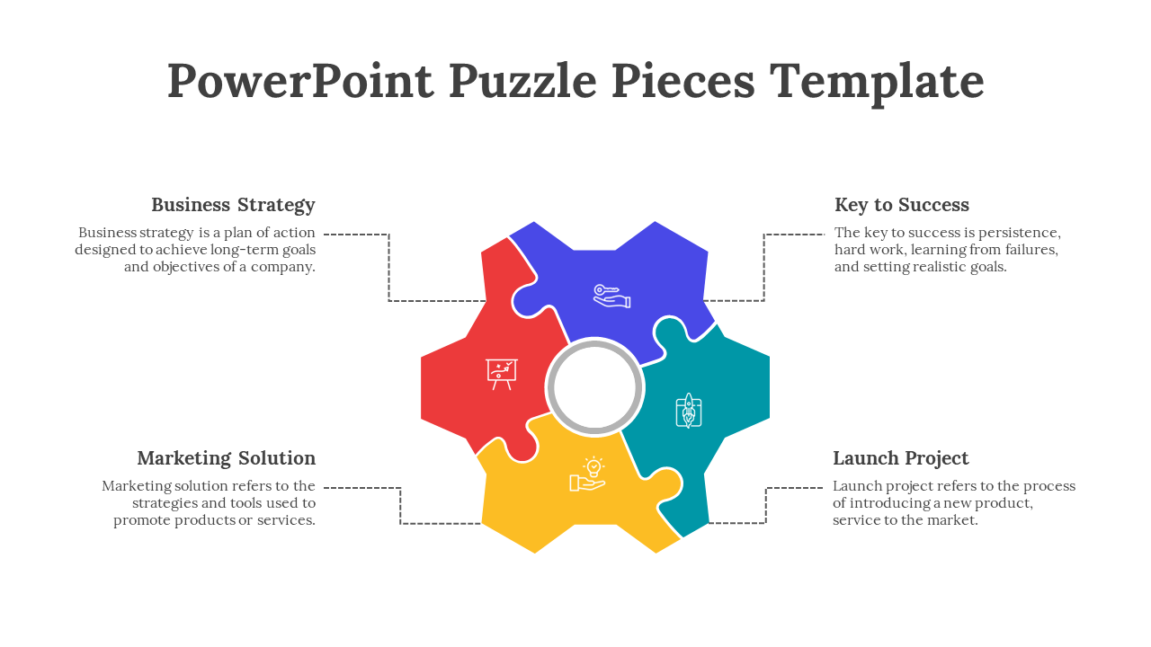 Four piece circular puzzle in red, yellow, teal, and purple with center hole and icons, each linked to descriptions.