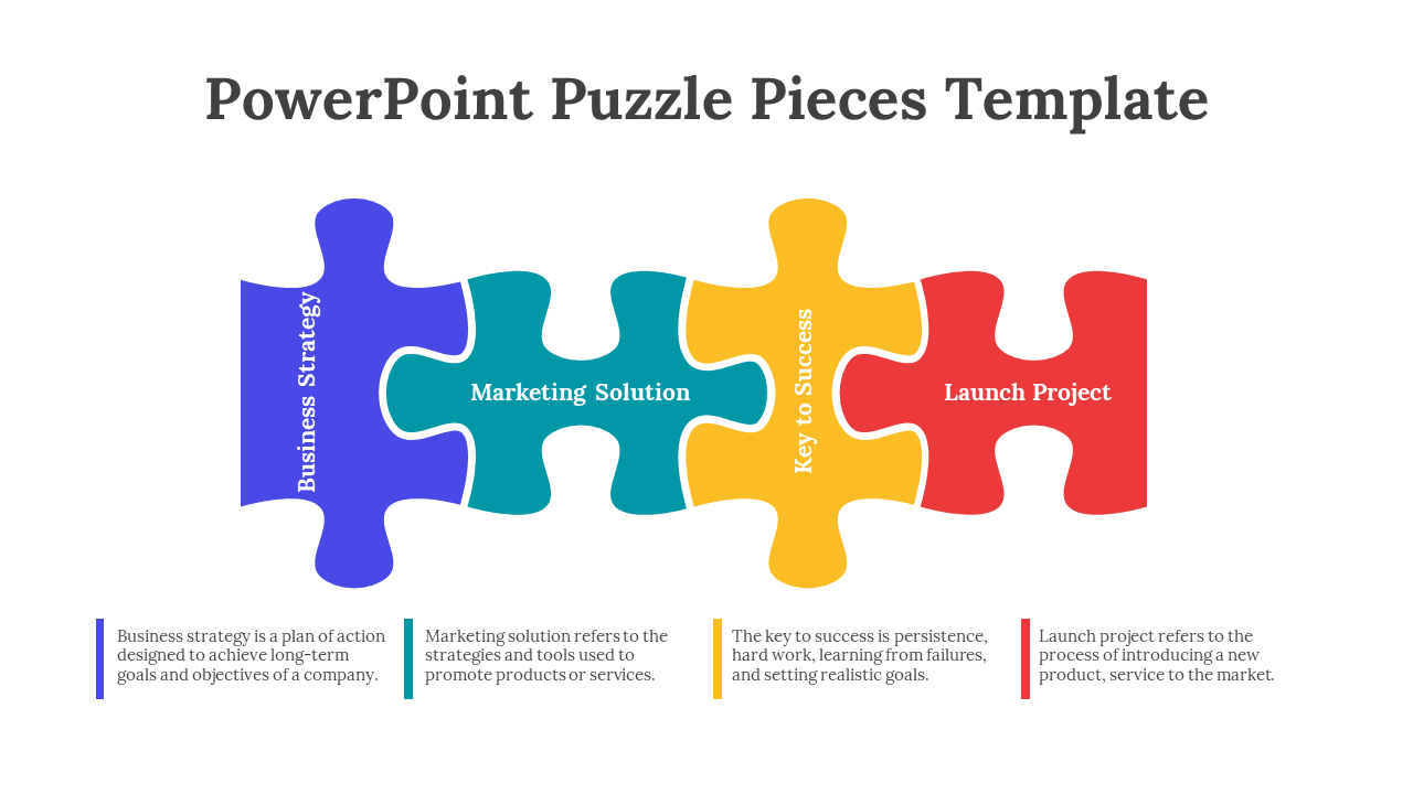 Four interlocking horizontal puzzle pieces in blue, teal, yellow, and red with text over a white background.