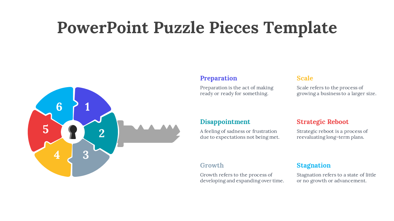 Circular keyhole puzzle with six numbered segments in blue, red, teal, gray, yellow, and cyan, aligned with matching text.
