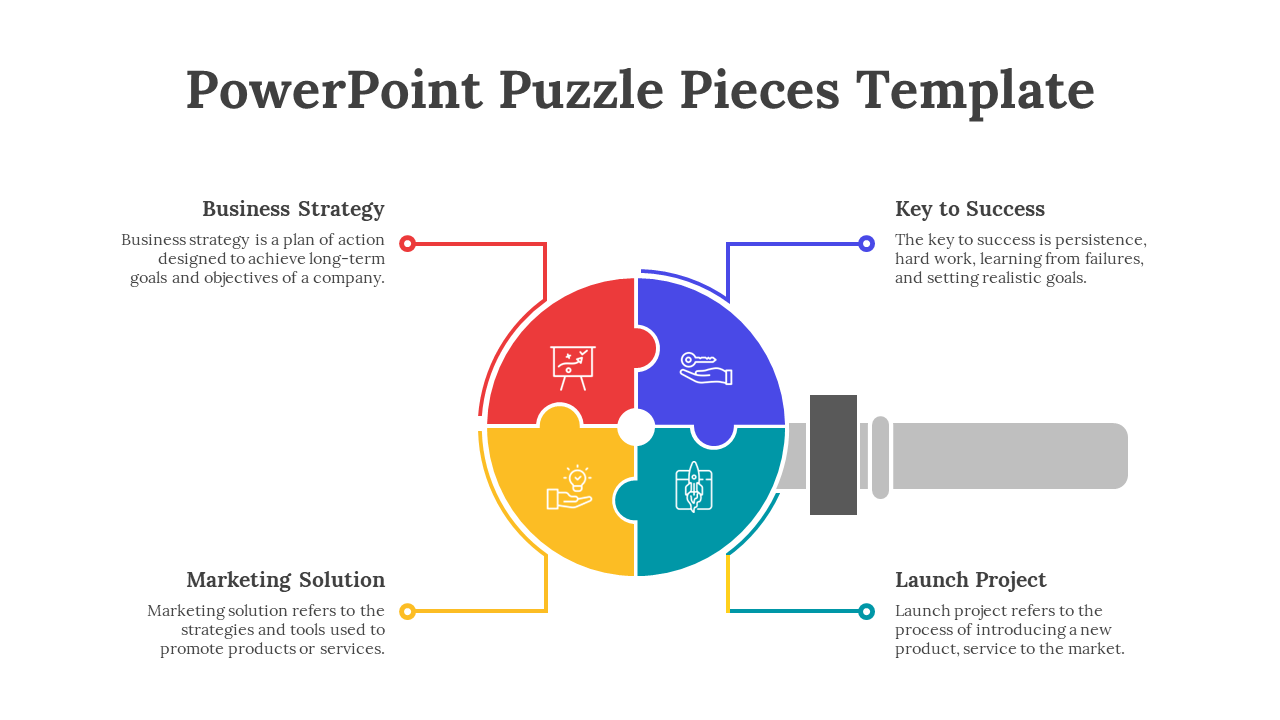 Circular four piece puzzle in red, blue, yellow, and teal, with icons inside, connected to text in the corner.