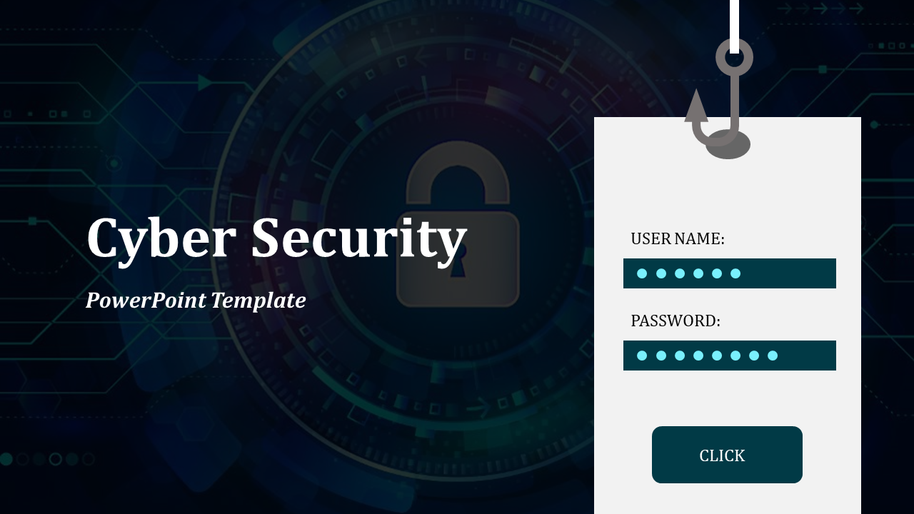 Futuristic blue circular interface with central padlock graphic and a white login form with teal fields on the right.