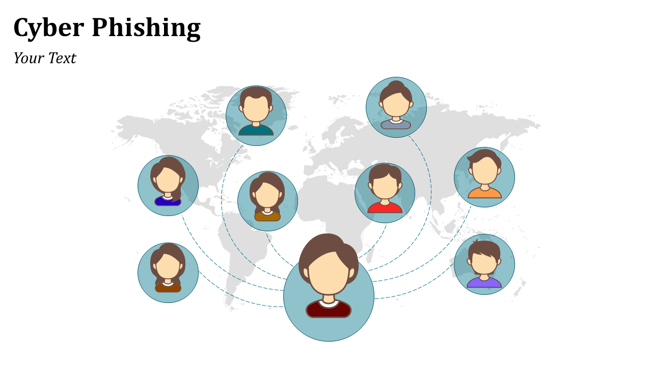 Network of faceless avatars in blue circles, visually linked by dashed lines on a light gray global map background.