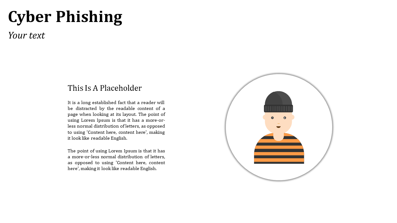 Circular icon of a cartoon man in striped orange shirt and black cap, with left aligned placeholder text block.