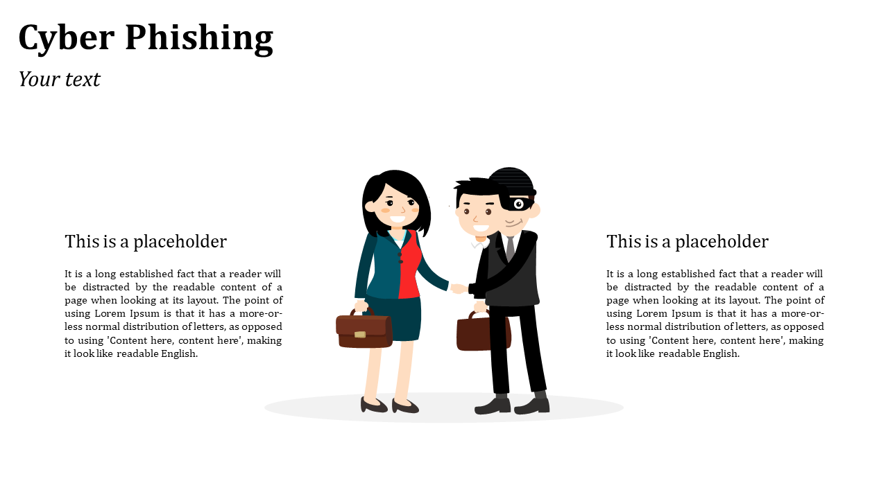 Two cartoon professionals shaking hands, one disguised with a mask, flanked by placeholder text on a white layout.
