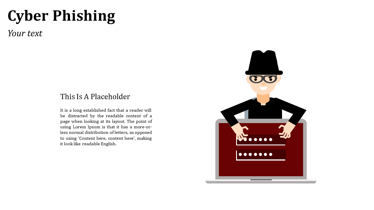 Smiling hacker in black hat emerges from red laptop screen with password fields, and text on the left.