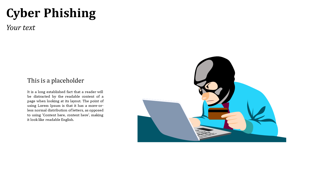 Slide with a masked thief in blue shirt holding a credit card, seated at a laptop on a clean white background.